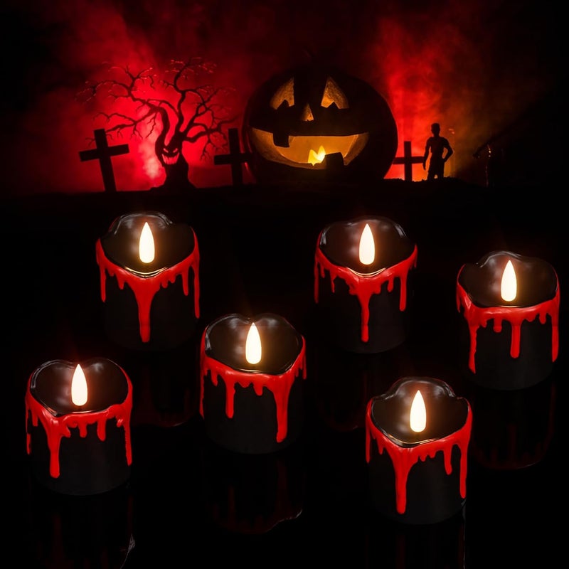DRomance Black Flameless Votive Candles Battery Operated with Timer, 350 Hours Blood Dripping Small Real Wax Flickering LED Tea Light Candles Dinner Fall Halloween Decoration Lights(6 Pcs, 2" x 2.2") - Image 1